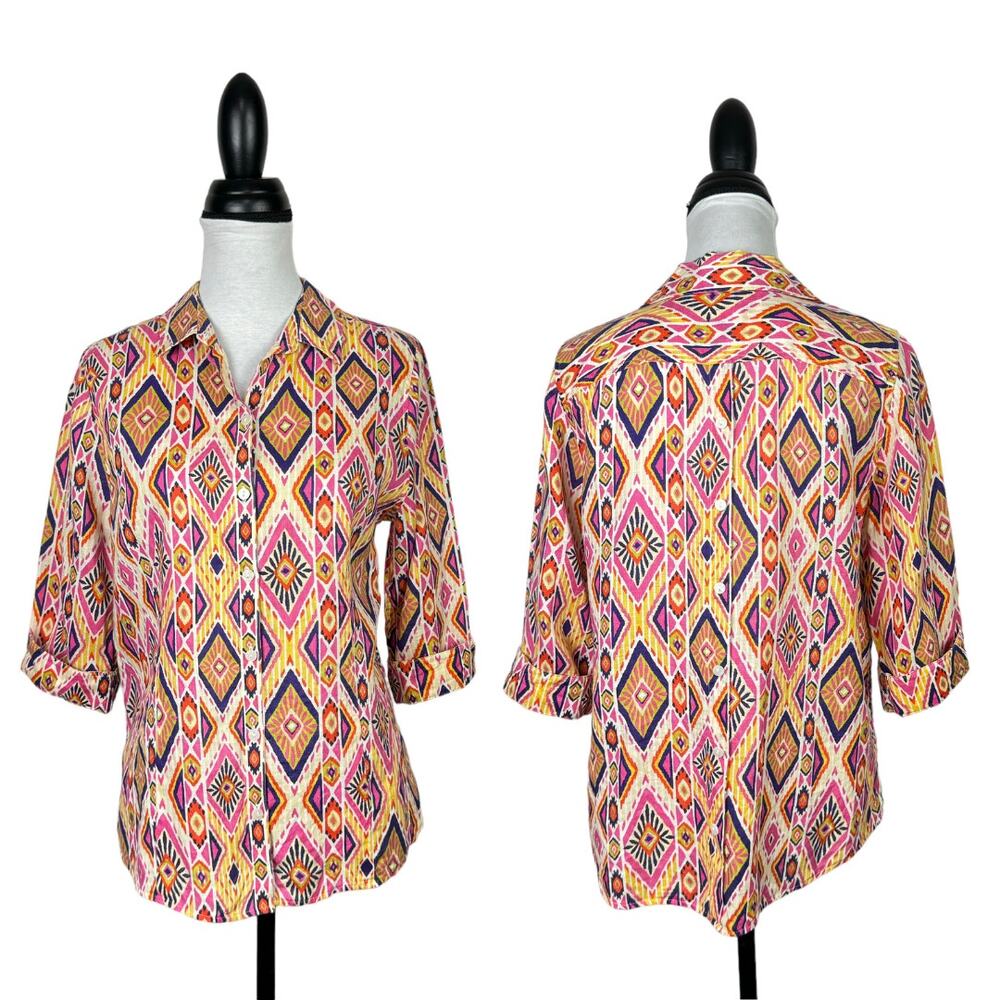 Chico's | Sz 0 Ikat 100% Linen Button-Back No Iron Colorful Button Up Shirt - Picture 3 of 14